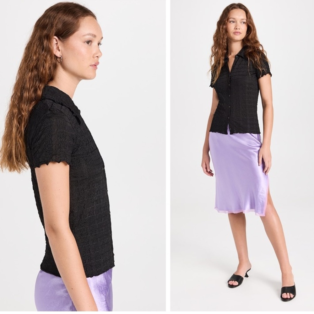 Vince Smocked Short Sleeve Button Up Shirt Black Size Small